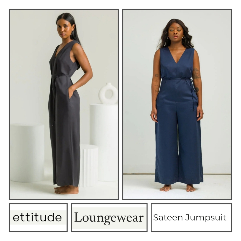 NEW ETTITUDE Size Large Black Sateen Jumpsuit Bamboo Lycell Pockets Wide Leg